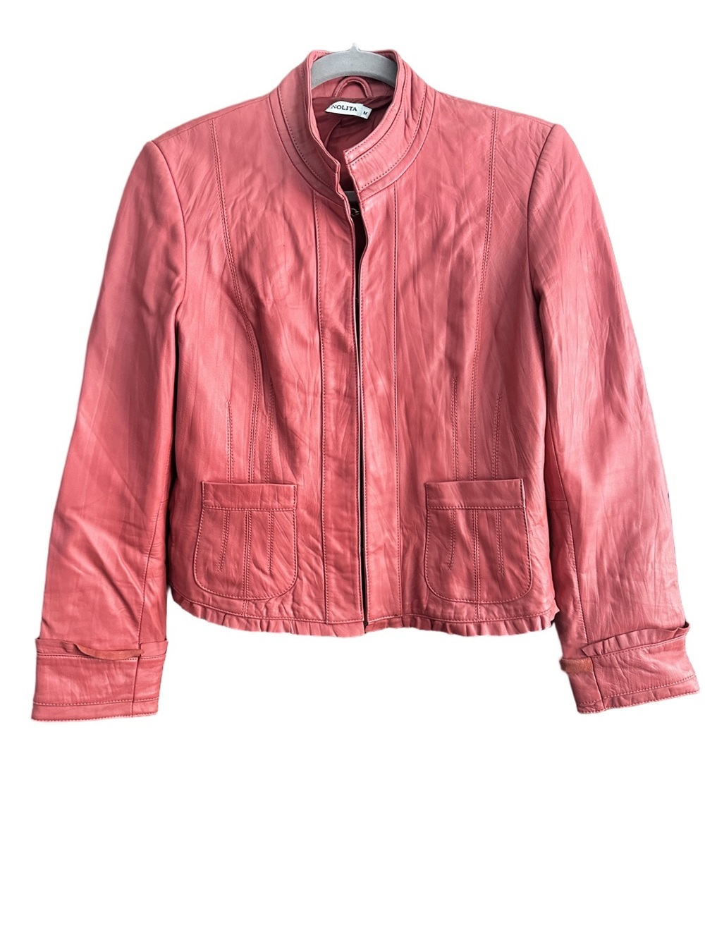 Nolita Coral Pink Leather Jacket Women's Stylish Hook & Eye Front Coat Sz M